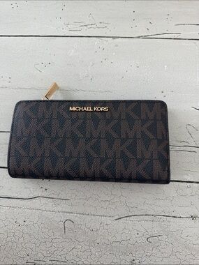 Michael Kors Dark Brown MK Logo Zip Wallet with Gold Hardware